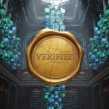 거대한 디지털 도서관 선반마다 빛나는 데이터 큐브들이 질서 정연하게 쌓여 있고, 중앙에 'INTEGRITY'라고 적힌 거대한 금색 인장이 찍혀 있는 모습